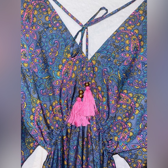 SILK MAXI DRESS | 100% VINTAGE SILK | WOMEN’S ONE SIZE | PINK TASSELS | BLUE - Picture 6 of 8